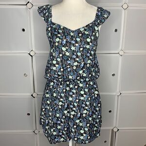 LC Lauren Conrad Black & Blue Ruffle Sleeve Floral Shorts Romper Size 4
